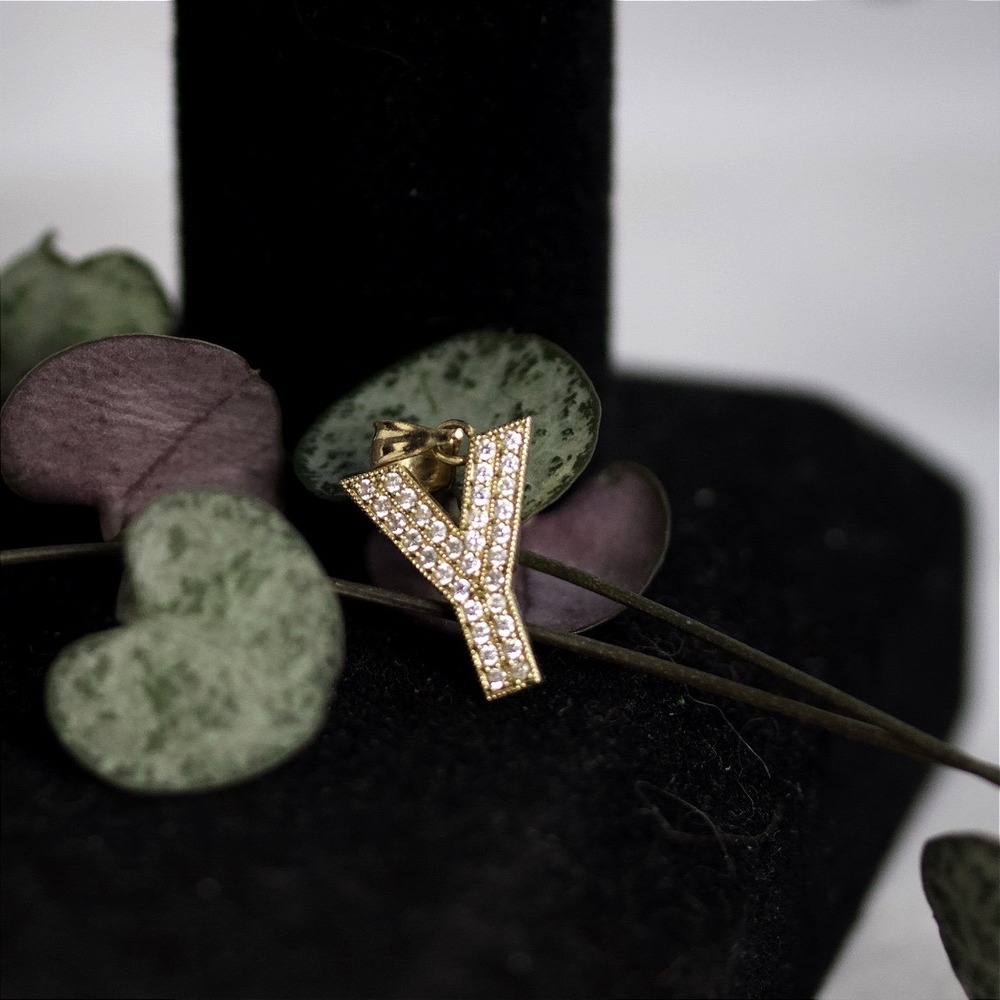 ICED OUT 14k Yellow Gold Initial Y Pendant Pave Stone Letter Alphabet Charm